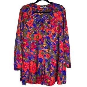 Vintage Oversized Collar Long Sleeve Red Floral Tunic Sz Med
